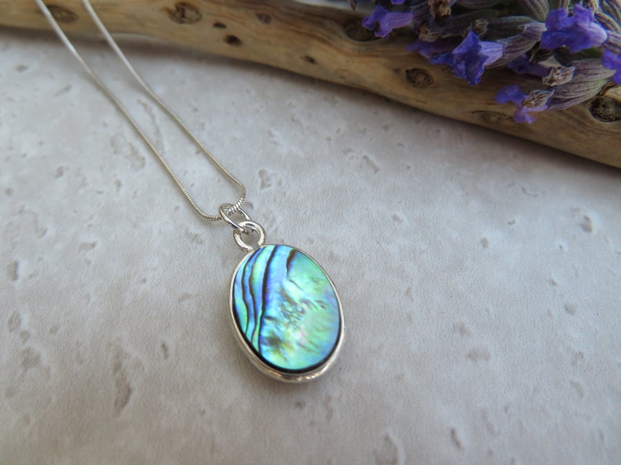 Abalone Paua Shell Cabachon in Sterling Silver Bail Necklace 