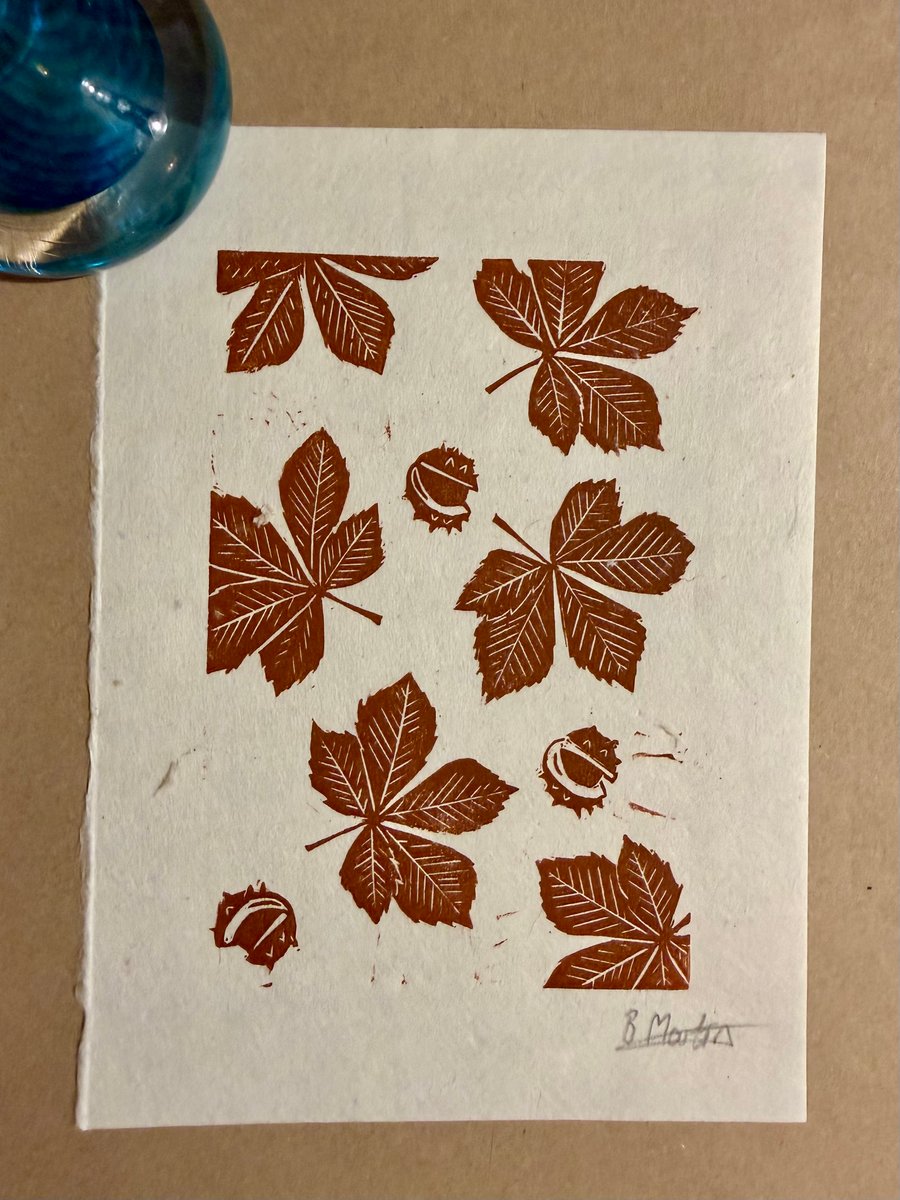 Perfectly imperfect Horse Chestnut Leaf Linoprint: Hand-Burnished  Wall Art