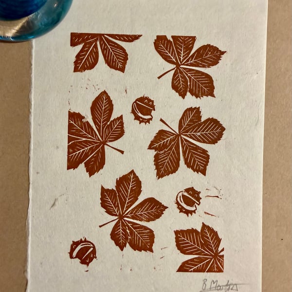 Perfectly imperfect Horse Chestnut Leaf Linoprint: Hand-Burnished  Wall Art