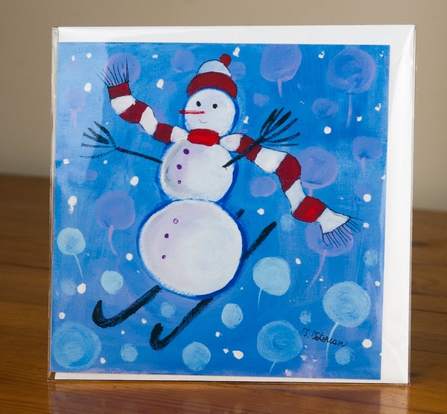 Christmas Card with Snowman, Winter Blue Card, Artist Greetings Card