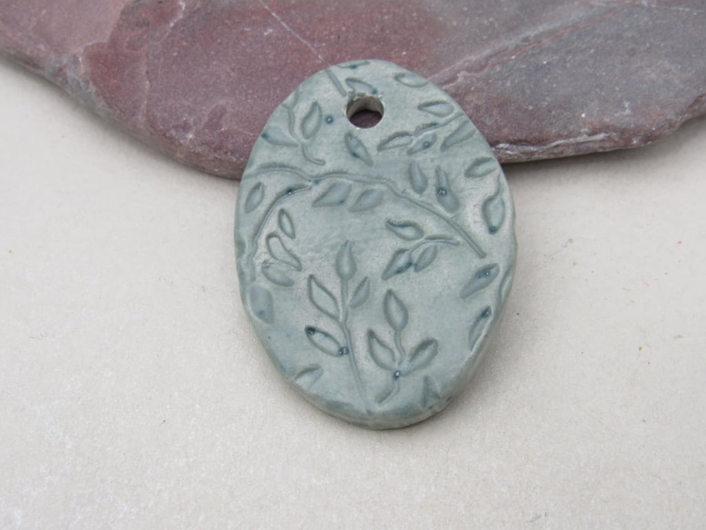 Large Sage Green Leaf Sprig Handmade Ceramic Pendant