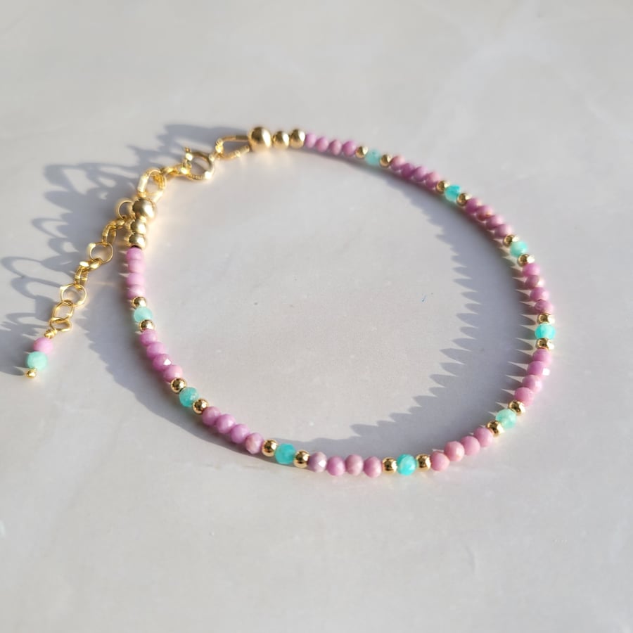 Beaded Bracelet 14kt Gold Filled, Purple and Blue Gemstones