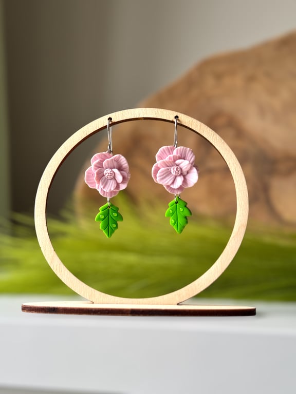 Pink Flower and Leaf Drop Polymer Clay Earrings 