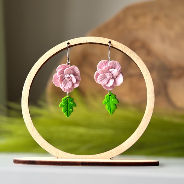 Pink Flower and Leaf Drop Polymer Clay Earrings 