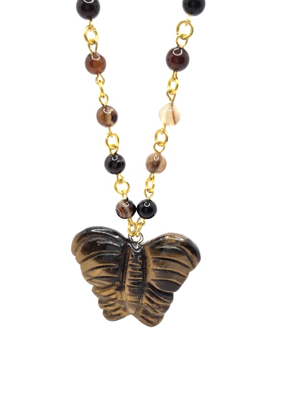 Tigers Eye carved pendant with Tigers Eye beaded rosary link chain 