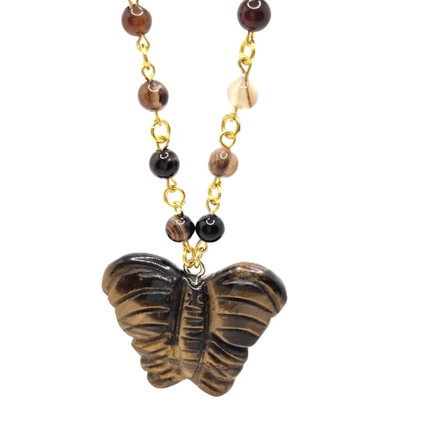 Tigers Eye carved pendant with Tigers Eye beaded rosary link chain 