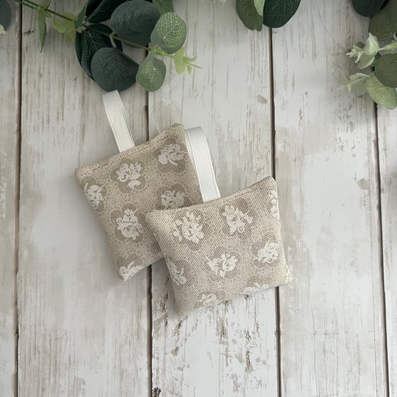 Set of 2 Lavender Sachets: Beige Flowers Fabric Design, New Home, Sleep Pillows