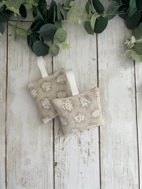 Set of 2 Lavender Sachets: Beige Flowers Fabric Design, New Home, Sleep Pillows