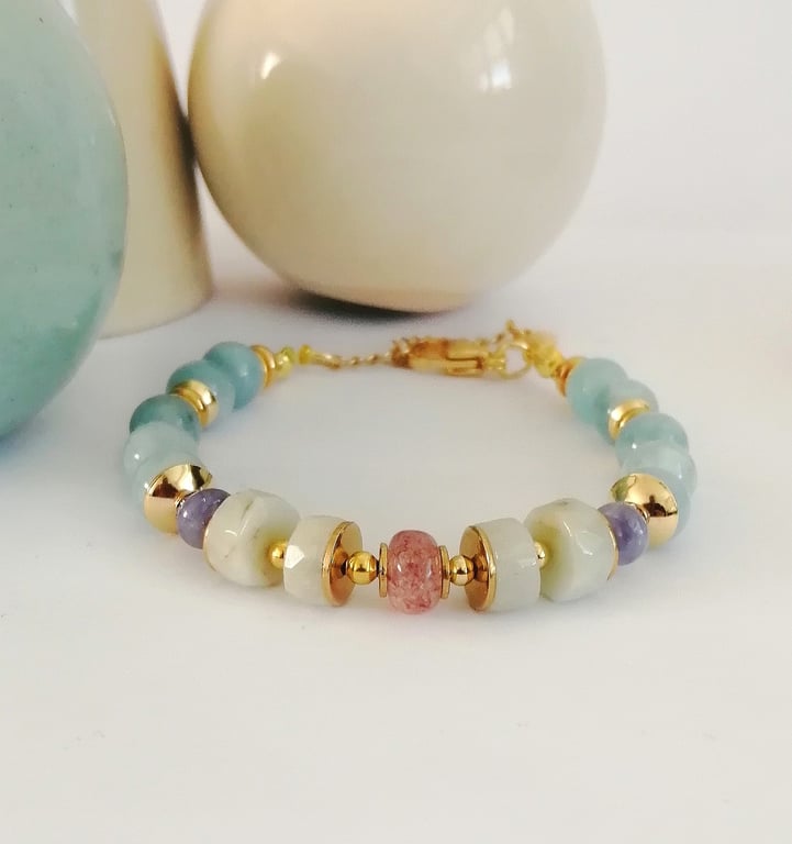 Aquamarine beaded bracelet, white beryl, strawberry quartz & Tanzanite