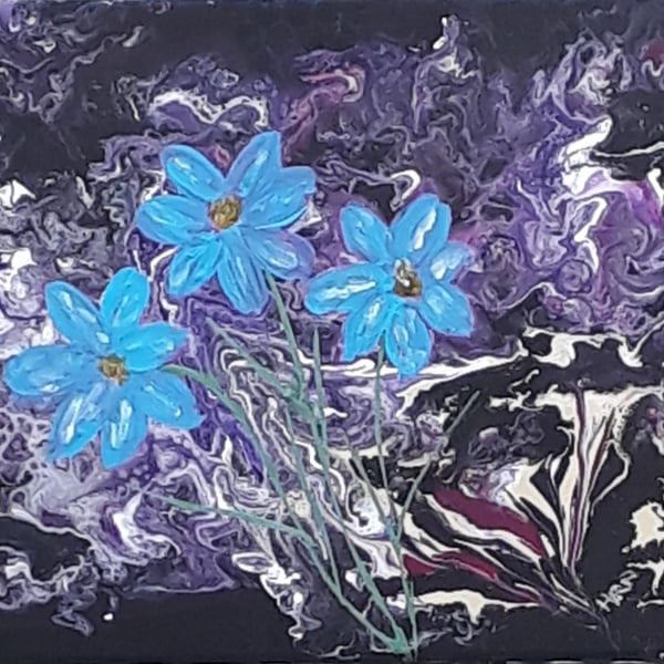 Original acrylic pour space flowers purple and blue, folksy.com
