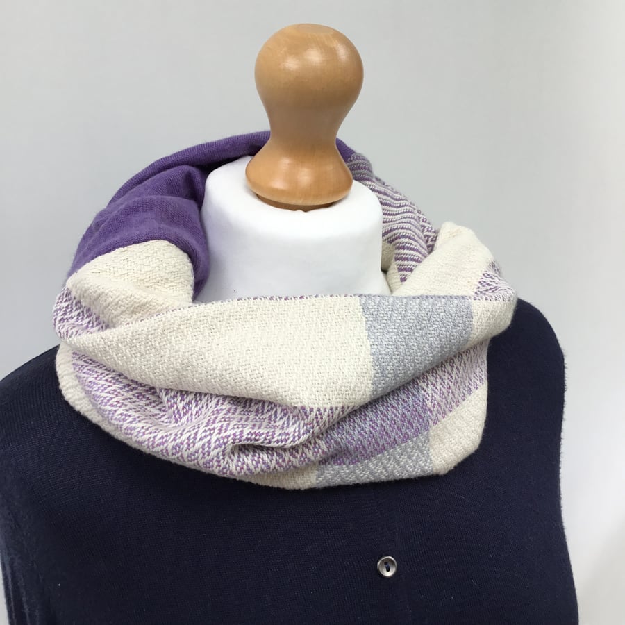 Handwoven lilac cotton infinity scarf cowl, a fusion of knit and weave