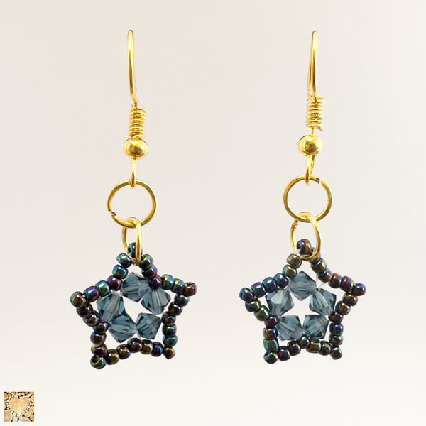 Handmade Star Earrings Dark Blue Crystals and Beads