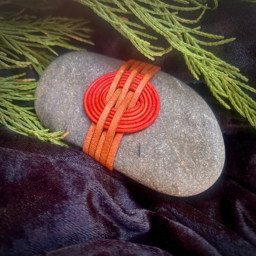 Orange and Tan Woven Spiral Zen Stone, Leather Wrapped Rock, Japanese Inspired