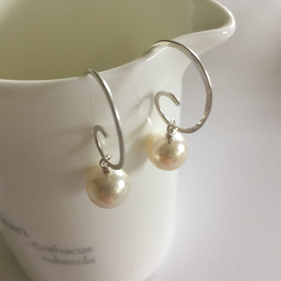 Sterling silver hand forged pearl earrings