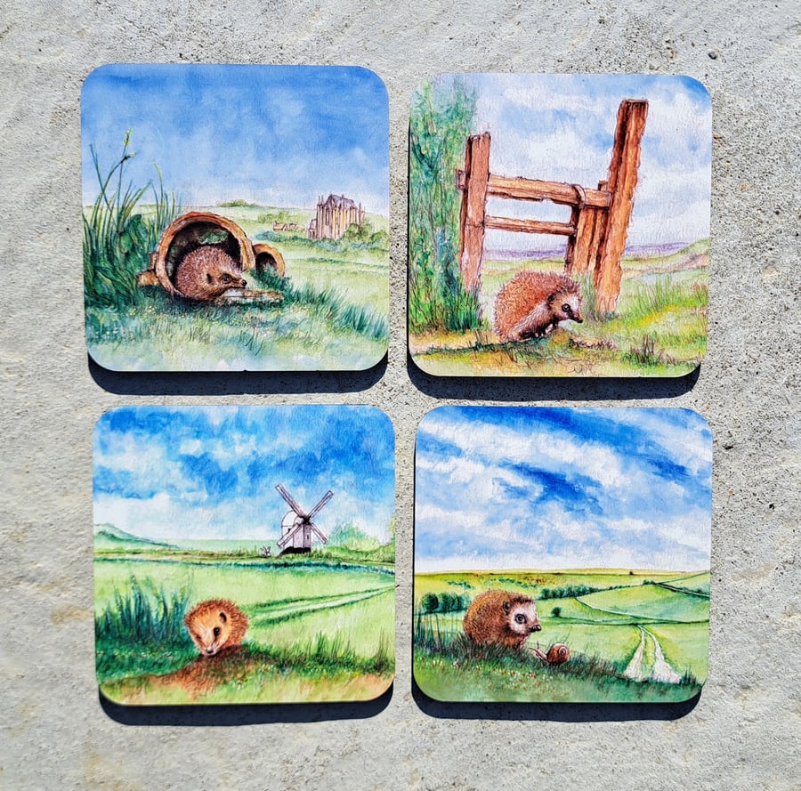 Sussex Hedgehog four Coaster set from original watercolour prints