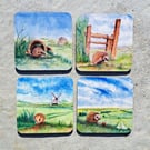 Sussex Hedgehog four Coaster set from original watercolour prints