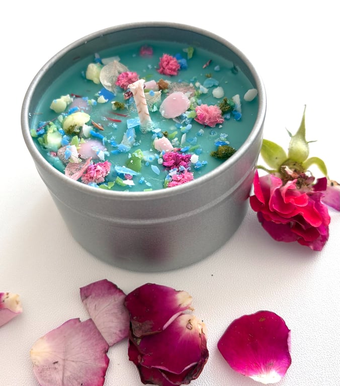 Soy Wax Candle in a Tin with Confetti-Style Decoration - Sea Salt Scent