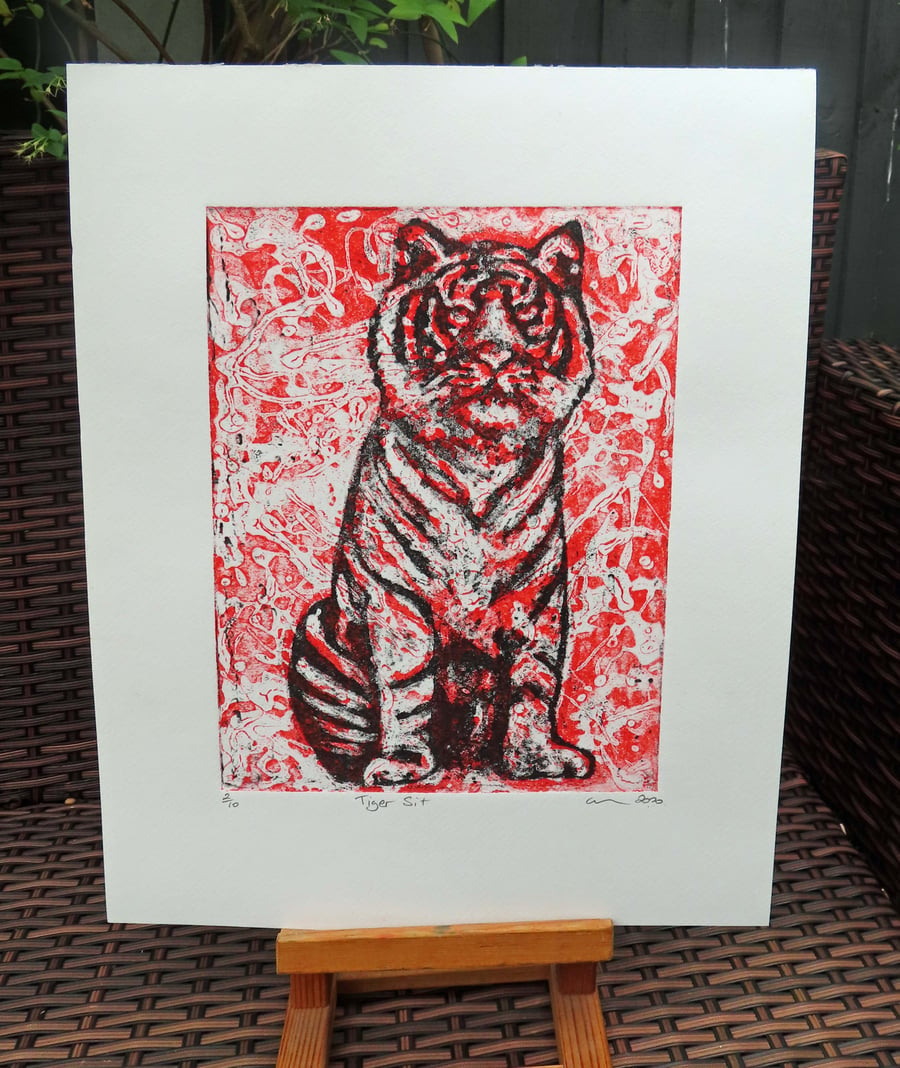 Tiger Sit Limited Edition Original Collagraph Print Art Cat