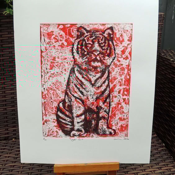 Tiger Sit Limited Edition Original Collagraph Print Art Cat