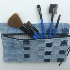 Zipped, recycled, woven denim make up bag or pencil case