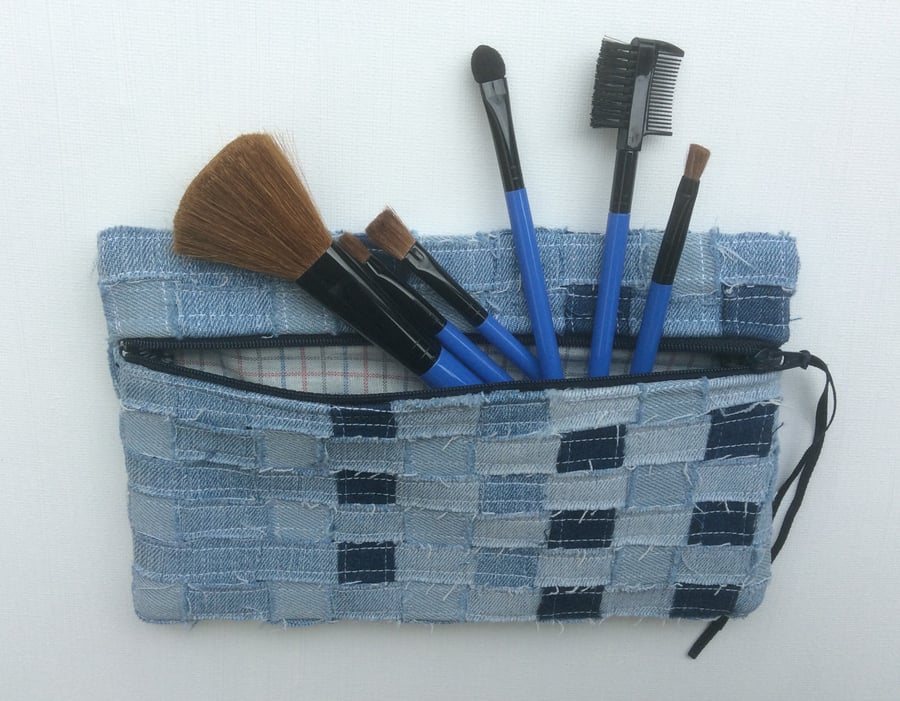 Zipped, recycled, woven denim make up bag or pencil case