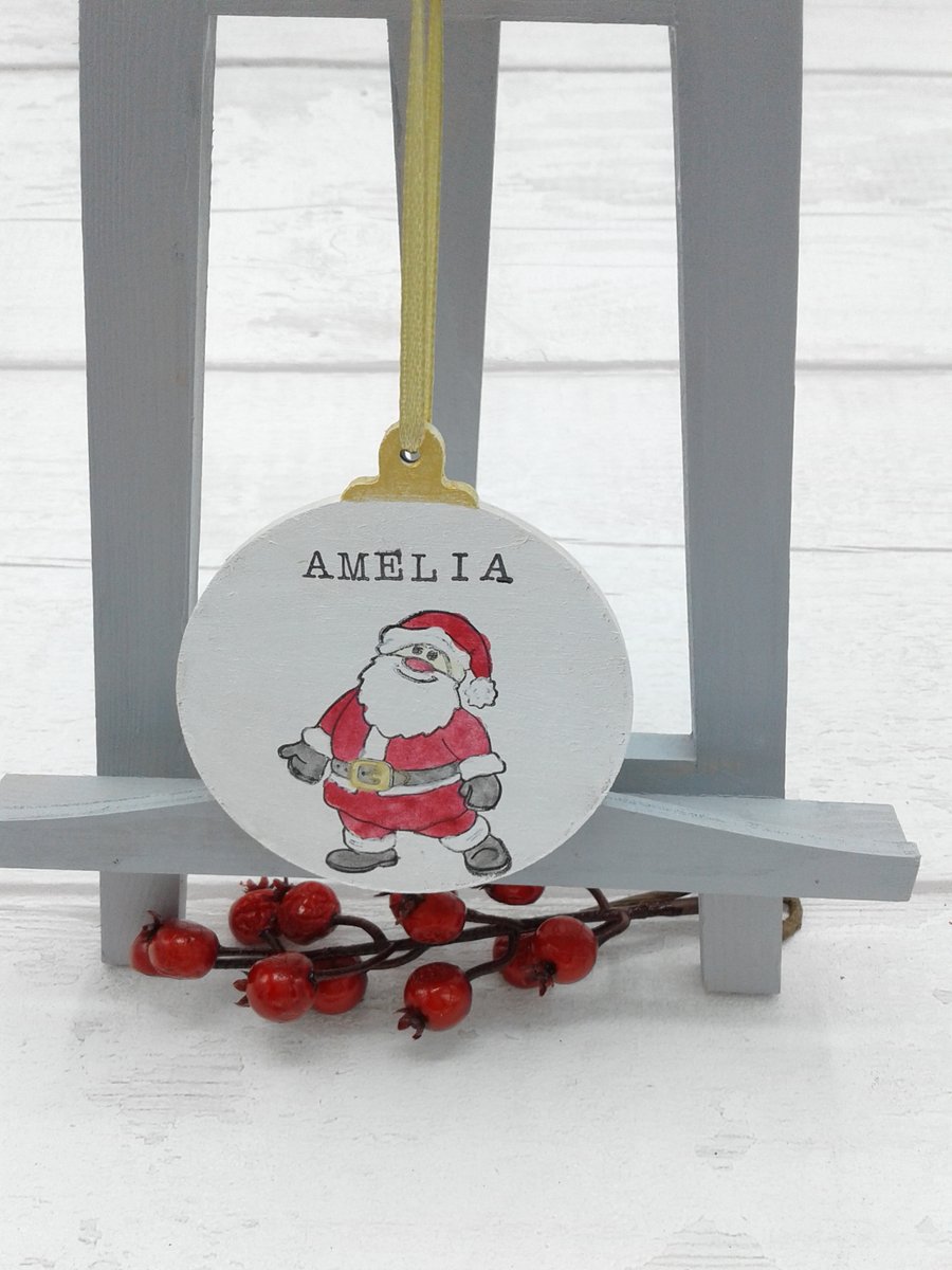 Personalised Christmas decoration. Tree decoration. Wooden bauble. Santa.