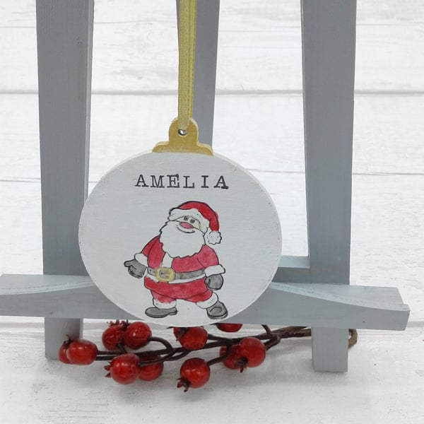 Personalised Christmas decoration. Tree decoration. Wooden bauble. Santa.