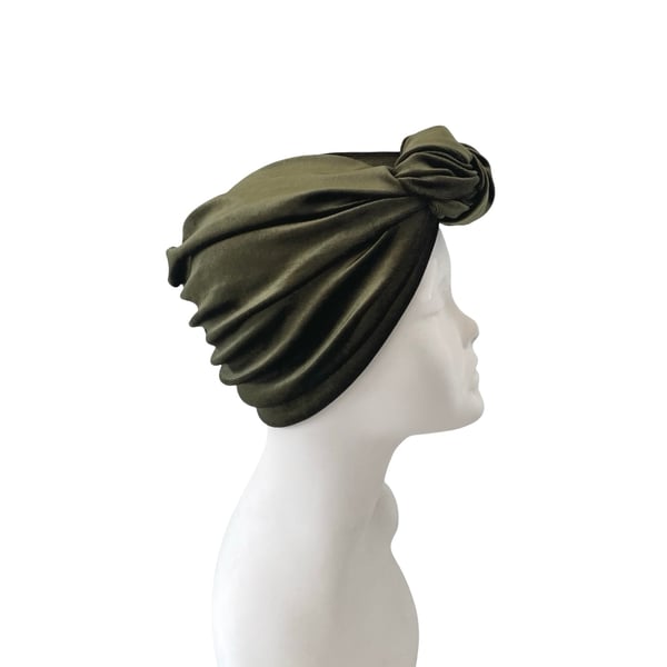 Olive Green Knotted Velvet Turban Hat for Women Vintage Style Head Wrap Scarf