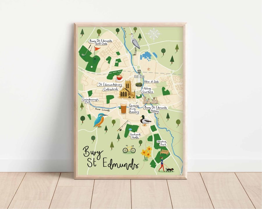 Bury St Edmunds Illustrated Map Art Print A5 A4 A3