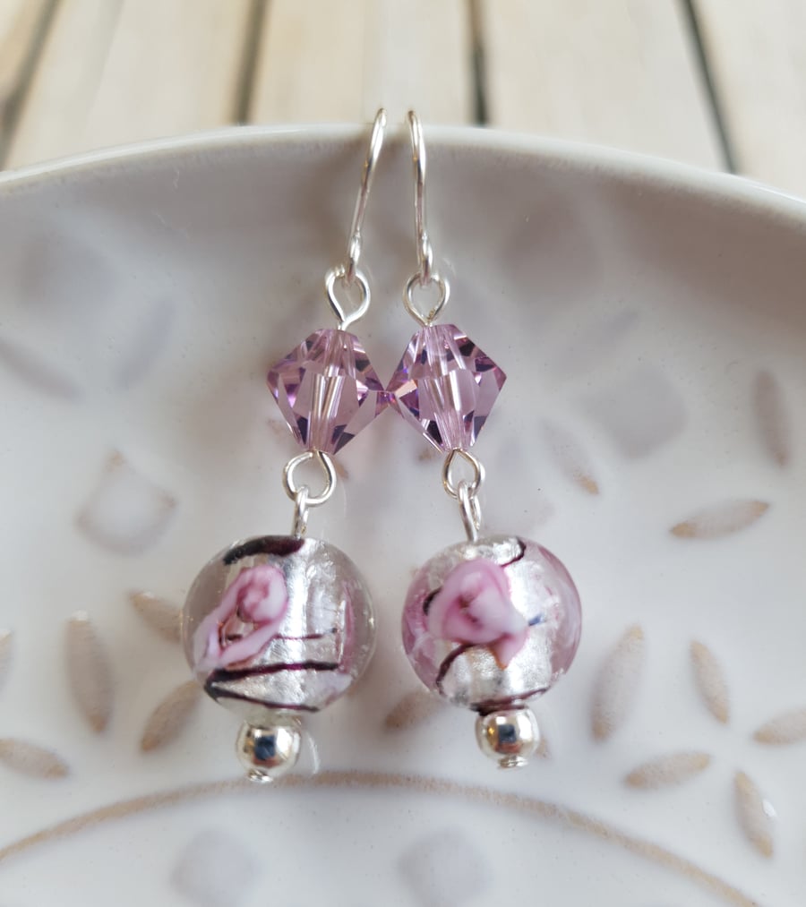 Lampwork & Swarovski Crystal Floral Swirl Dangle Earrings - Pink & Silver