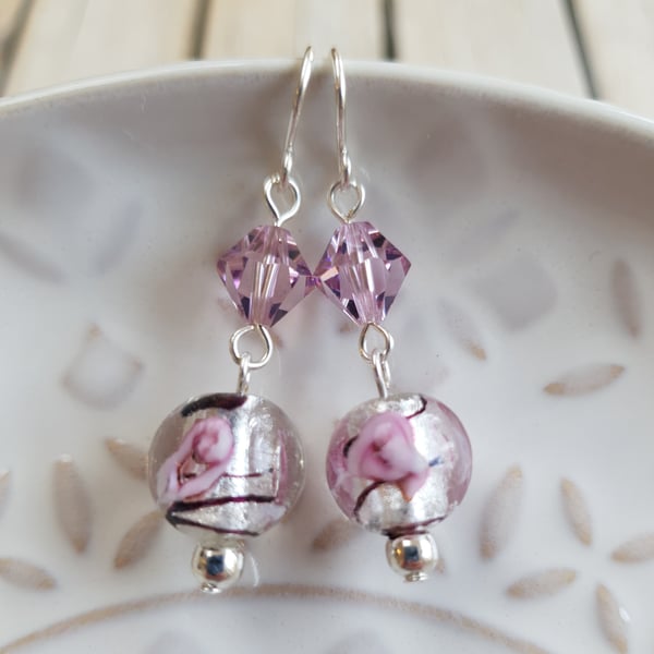 Lampwork & Swarovski Crystal Floral Swirl Dangle Earrings - Pink & Silver