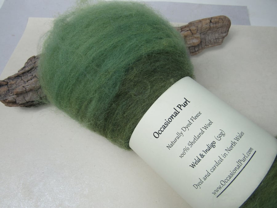 50g Indigo Spring Green Naturally Dyed Shetland Wool Batt