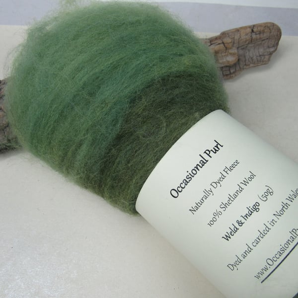 50g Indigo Spring Green Naturally Dyed Shetland Wool Batt