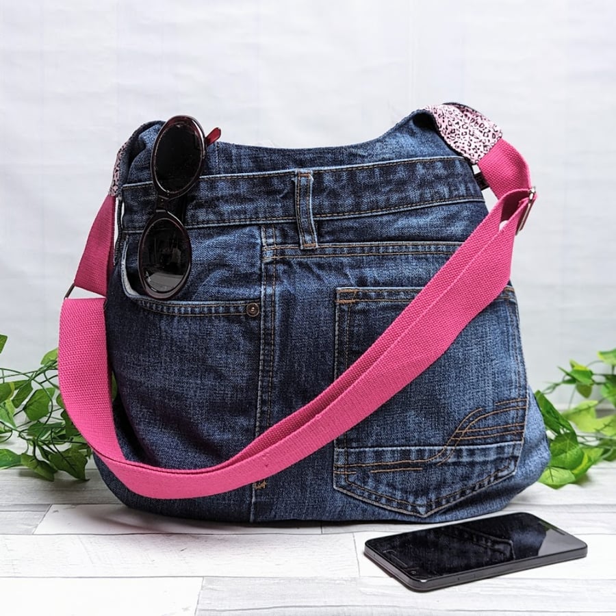 Upcycled Denim Jeans Hobo Bag with Leopard Lining
