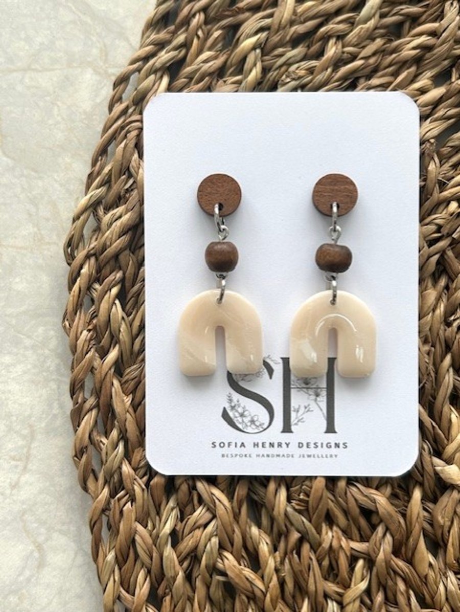 Elegant Neutral Polymer Clay Dangle Earrings with Walnut Studs 