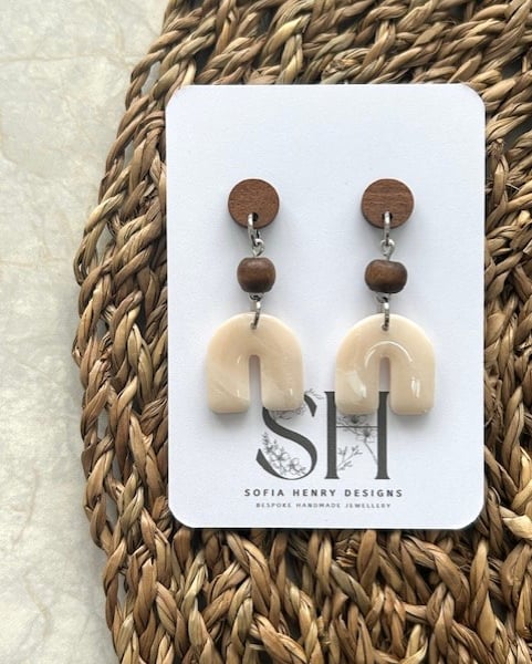 Elegant Neutral Polymer Clay Dangle Earrings with Walnut Studs 