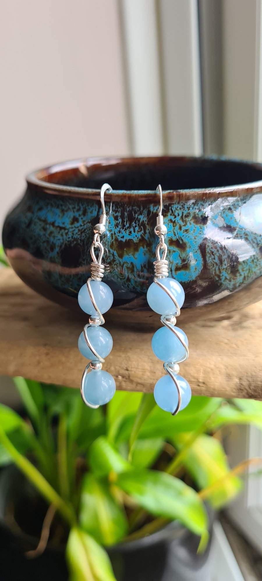 Handmade Natural Blue Aquamarine & 925 Silver Drop Dangle Earrings Gift Boxed 
