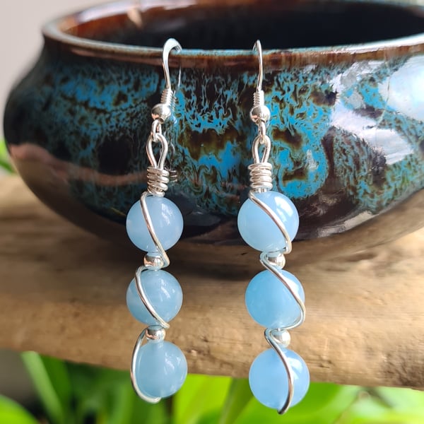 Handmade Natural Blue Aquamarine & 925 Silver Drop Dangle Earrings Gift Boxed 