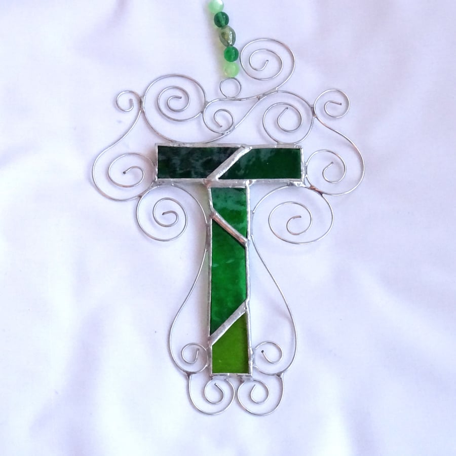 Stained Glass Letter T Suncatcher - Green