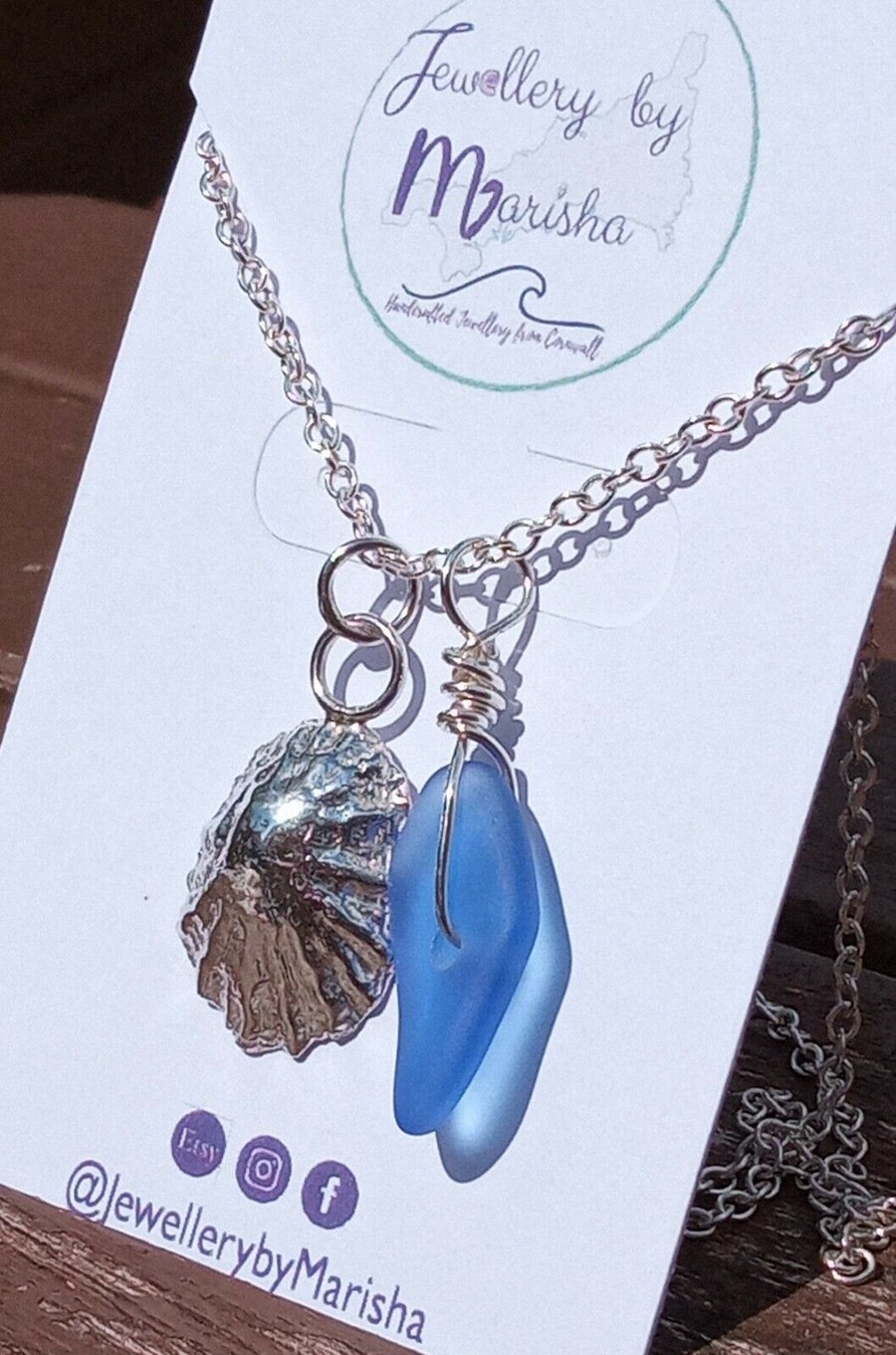 Fine Silver Limpet Seashell Charm and Blue Seaglass Charm on Silver Necklace