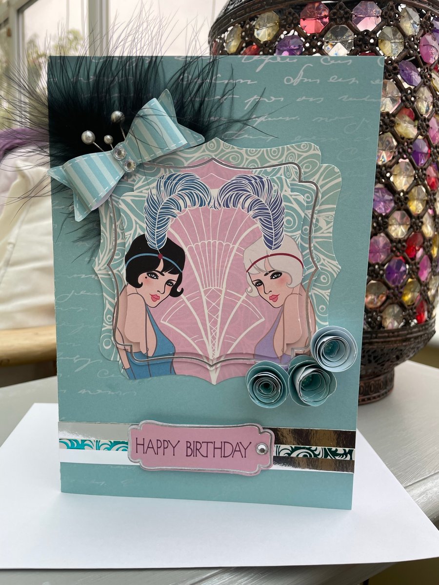 Art deco glamorous ladies feathers and bow birthday card