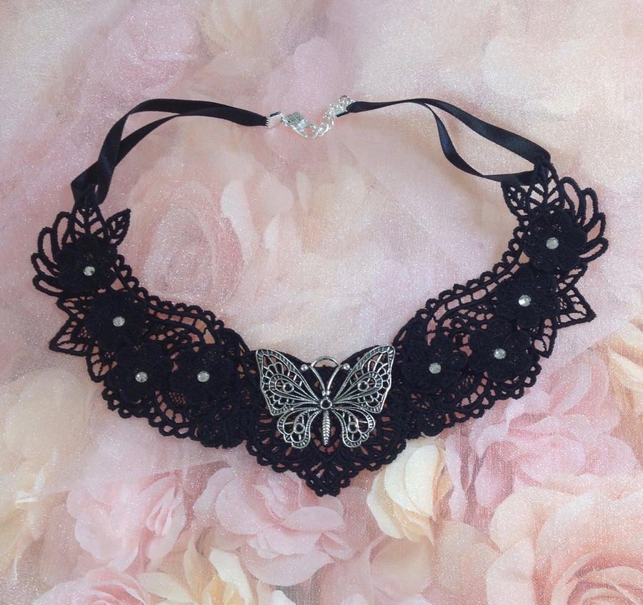 Black Lace Butterfly and Diamante Necklace PB4
