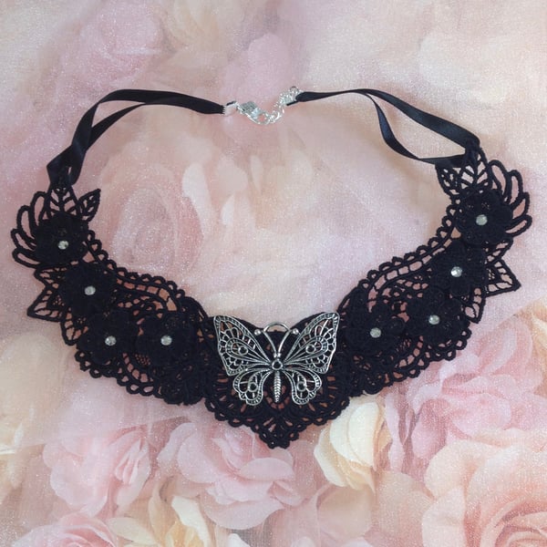 Black Lace Butterfly and Diamante Necklace PB4