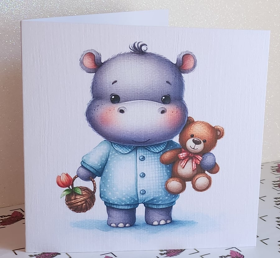 New Baby Hippo Watercolour Card New Parents Congratulations Square Card