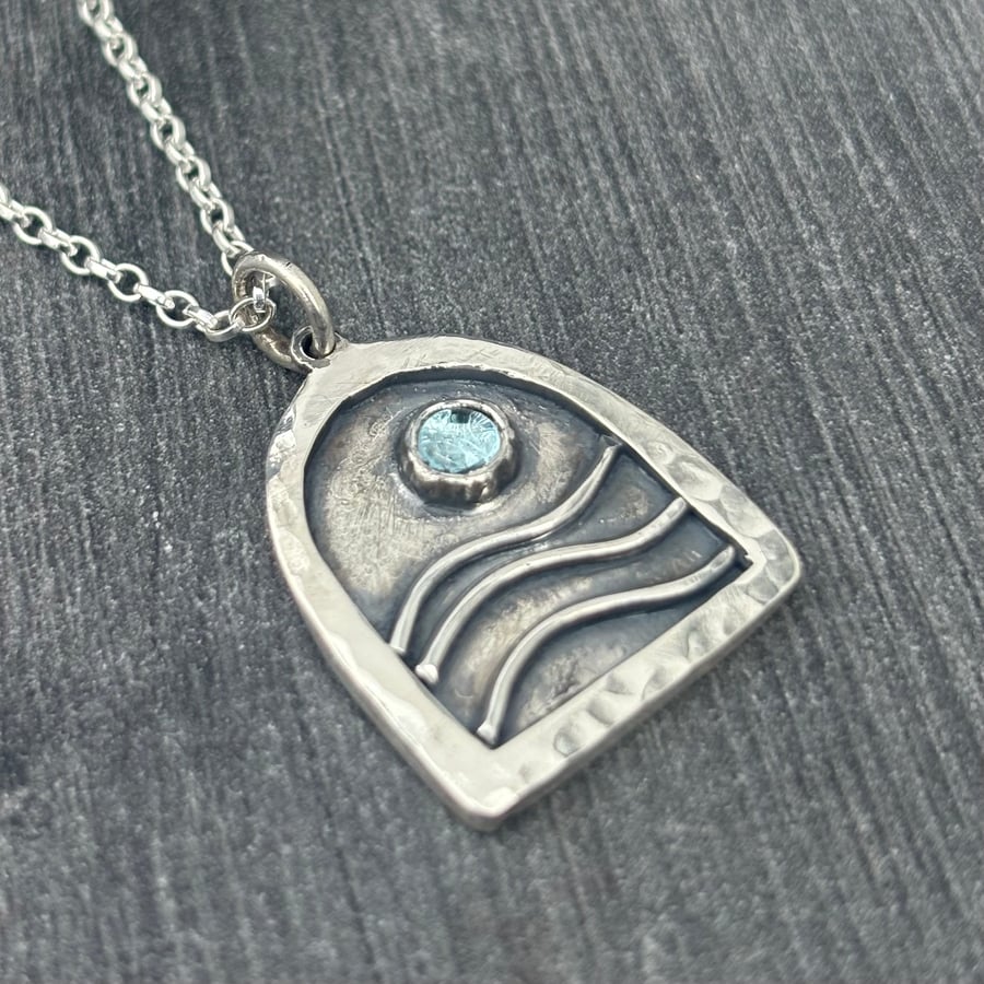 London Blue Topaz Pendant, silver waves pendant, oxidised pendant, London blue 