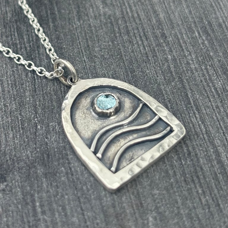 London Blue Topaz Pendant, silver waves pendant, oxidised pendant, London blue 