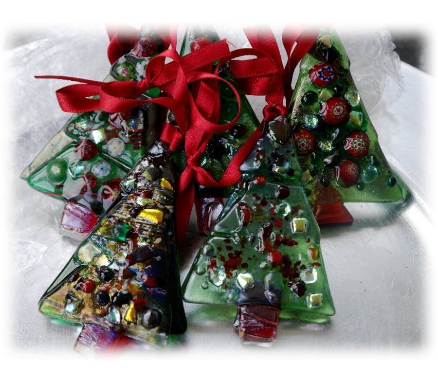 Christmas Tree Fused Glass Hanging Decoration 9cm Dichroic 