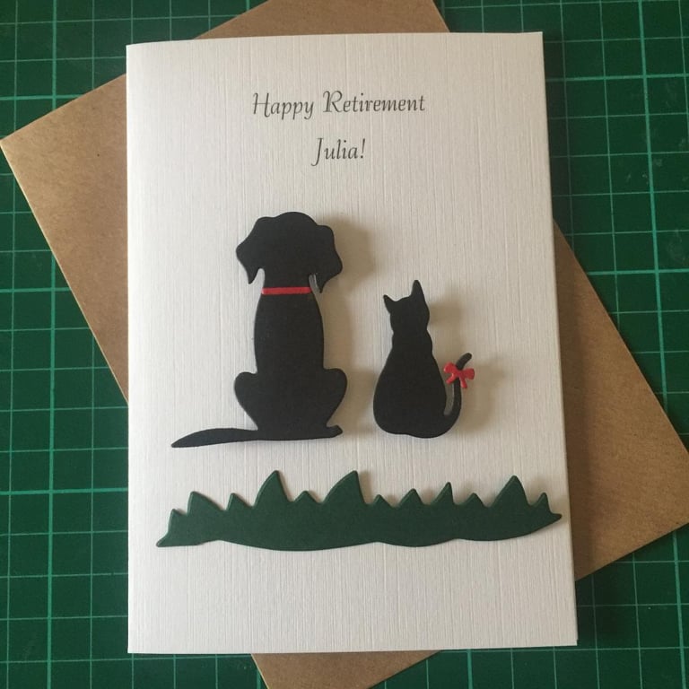 Handmade And Personalised Retirement Card. Dog And Cat Design