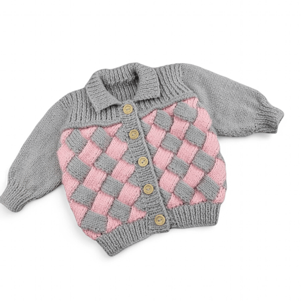 Hand Knitted Baby Cardigan Pink and Grey Woven Design 3 to 6 Months