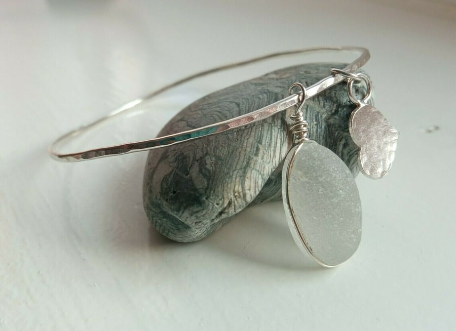 Recycled Sterling Silver Bangle with White Seaglass & Heart Charms-Small